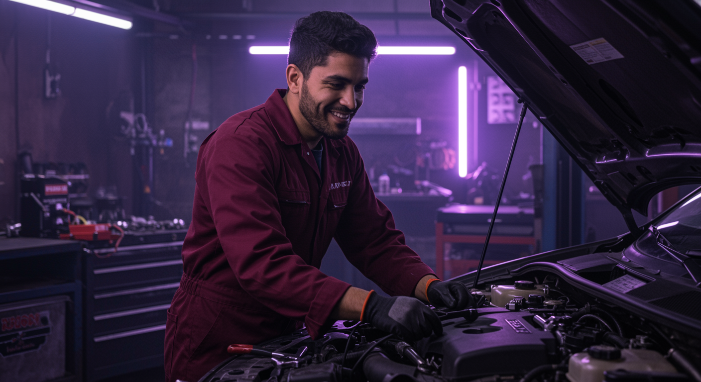 A male mechanic standing beside a car