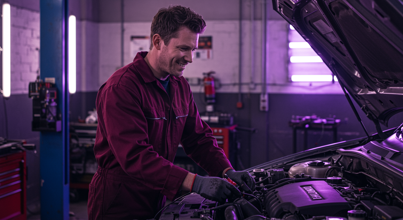 A male mechanic standing beside a car