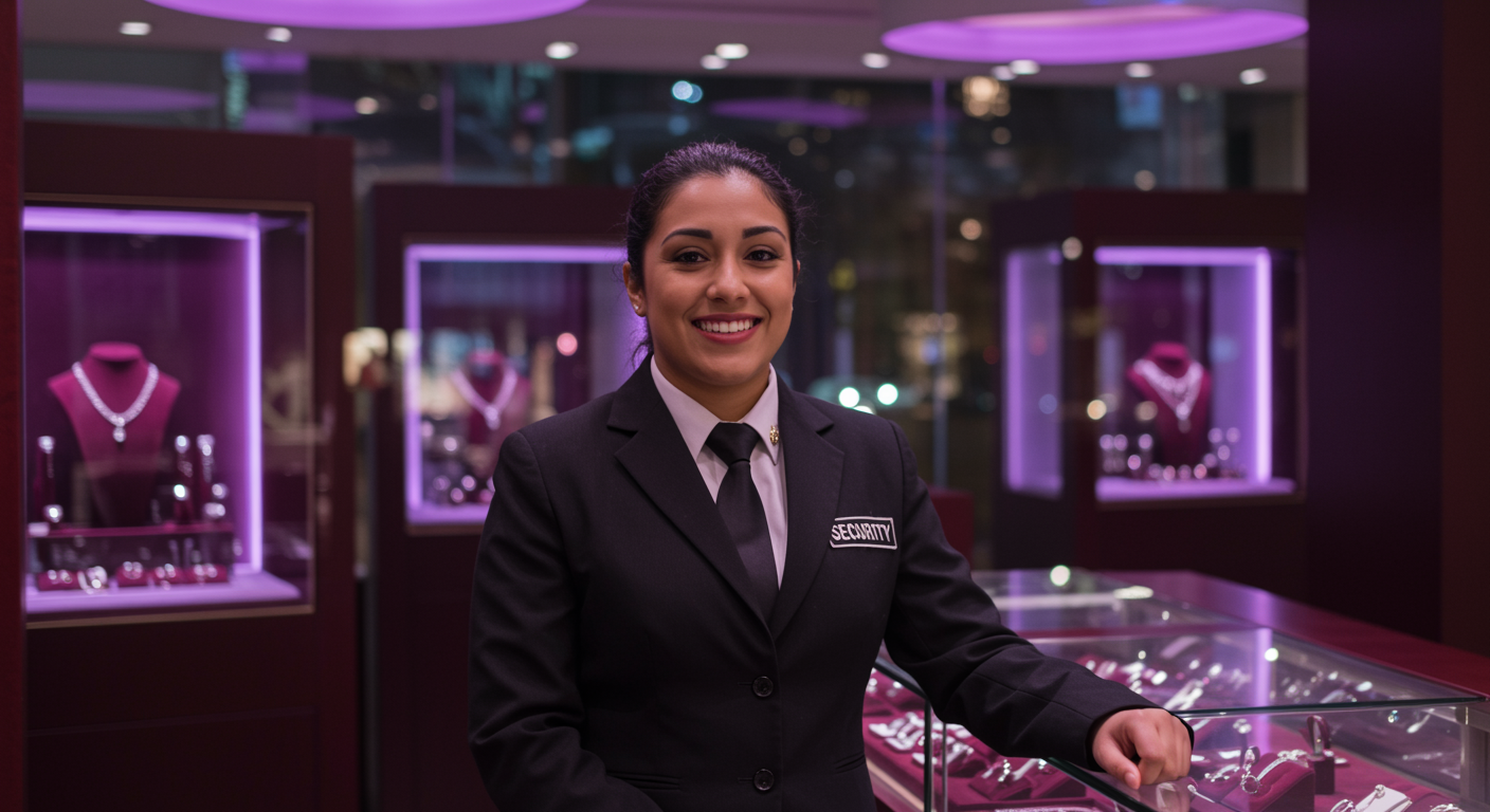 A female security guard in a jewelry store